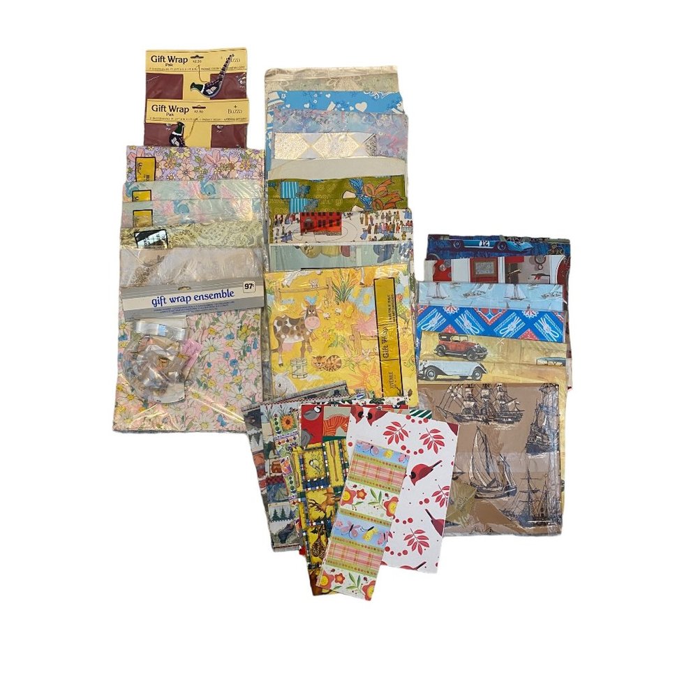 Large Lot vintage Flat Wrap Gift Wrap Wedding, Shower Birthday Scrapbooking Cars